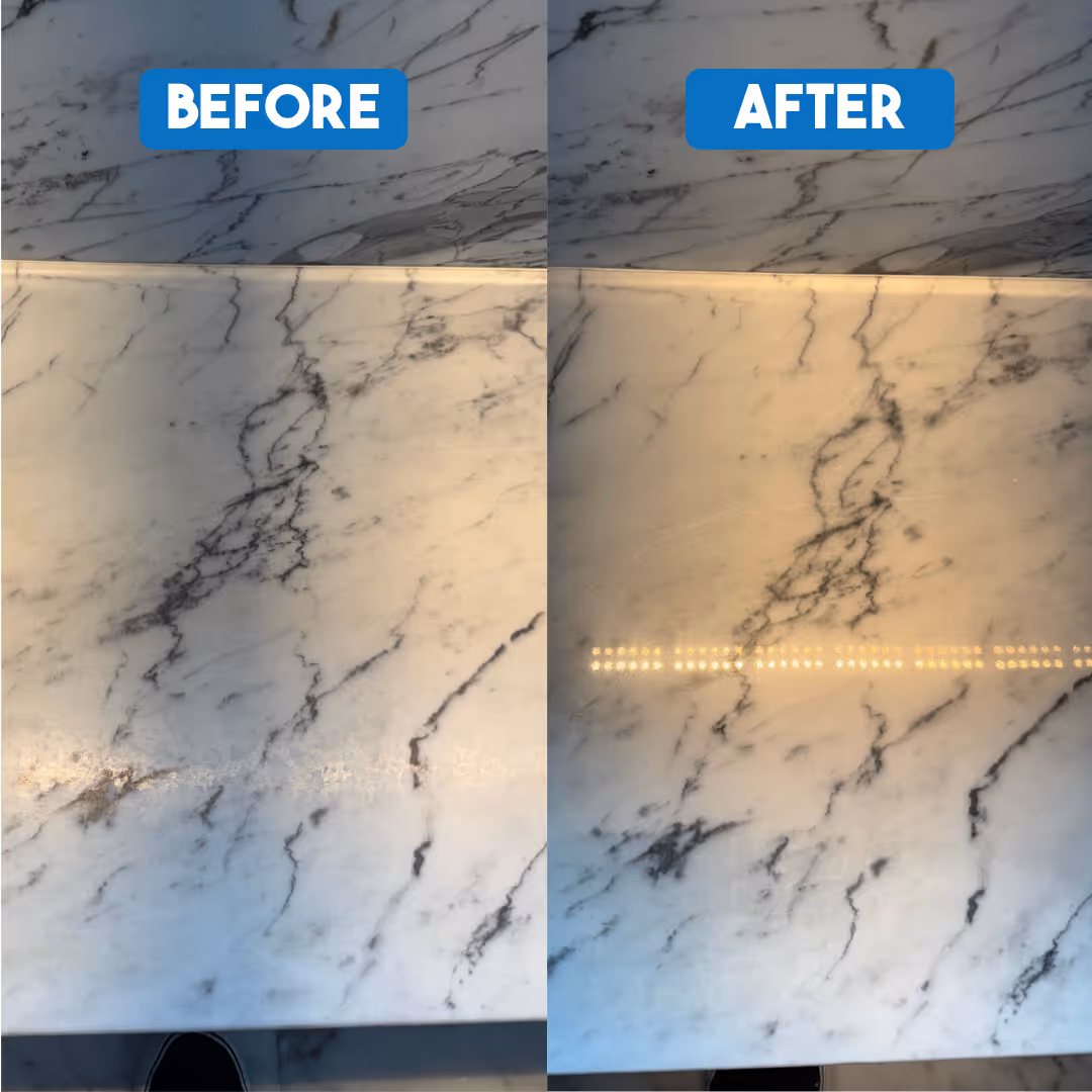 Side-by-side comparison showing dull before and shiny polished after sections of white marble surface.