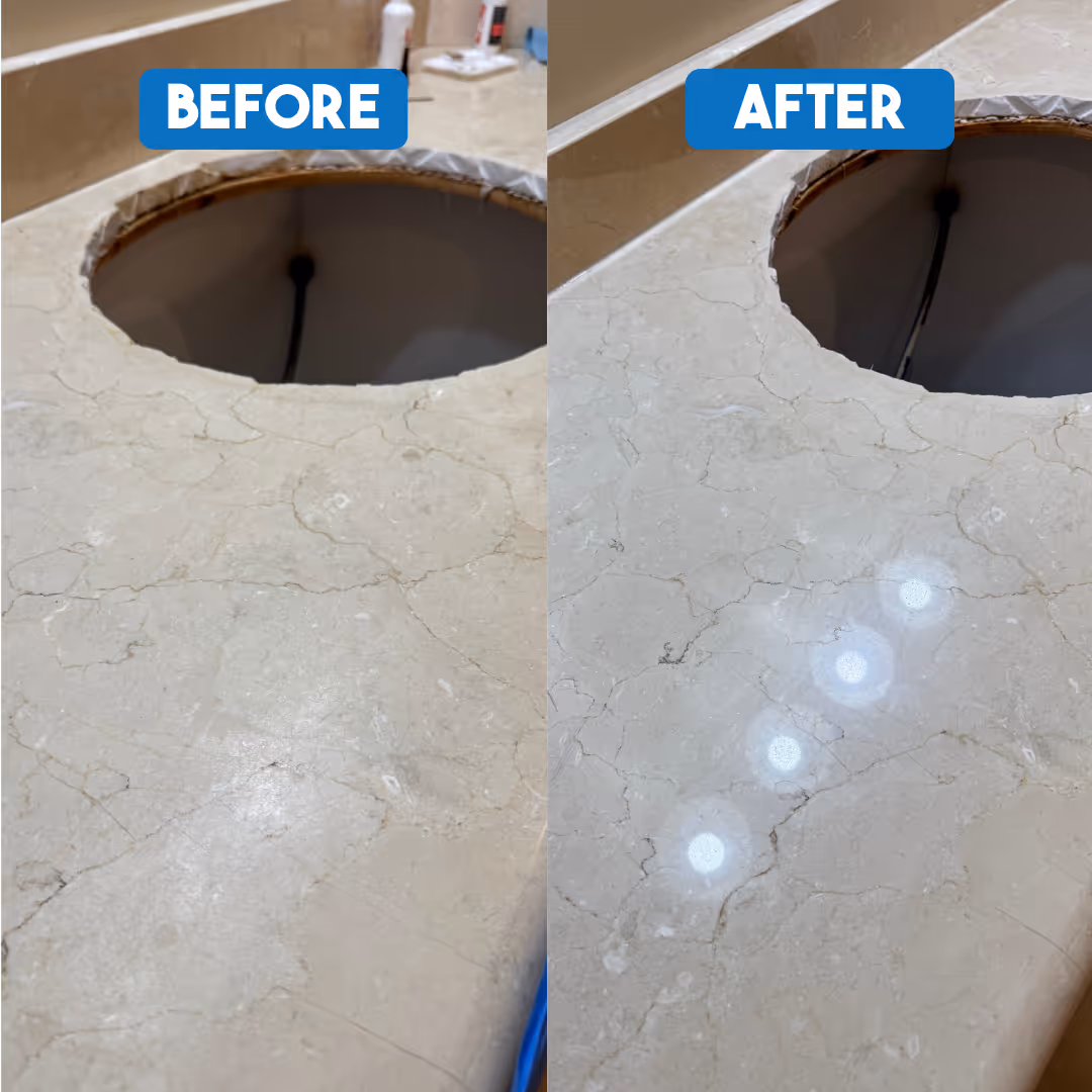 Side-by-side before and after comparison of a polished marble countertop near sink cutout.