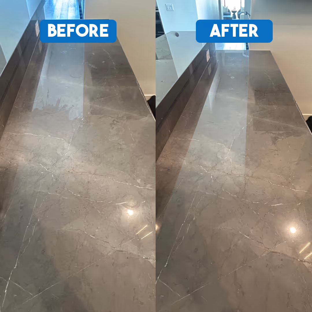 Side-by-side before and after images showing polished marble countertop with improved shine and clarity.
