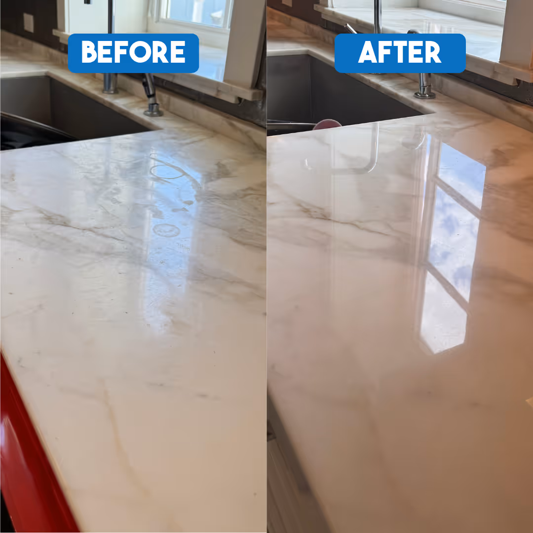 Side-by-side before and after photos showing a marble countertop cleaned and polished to a shiny finish.