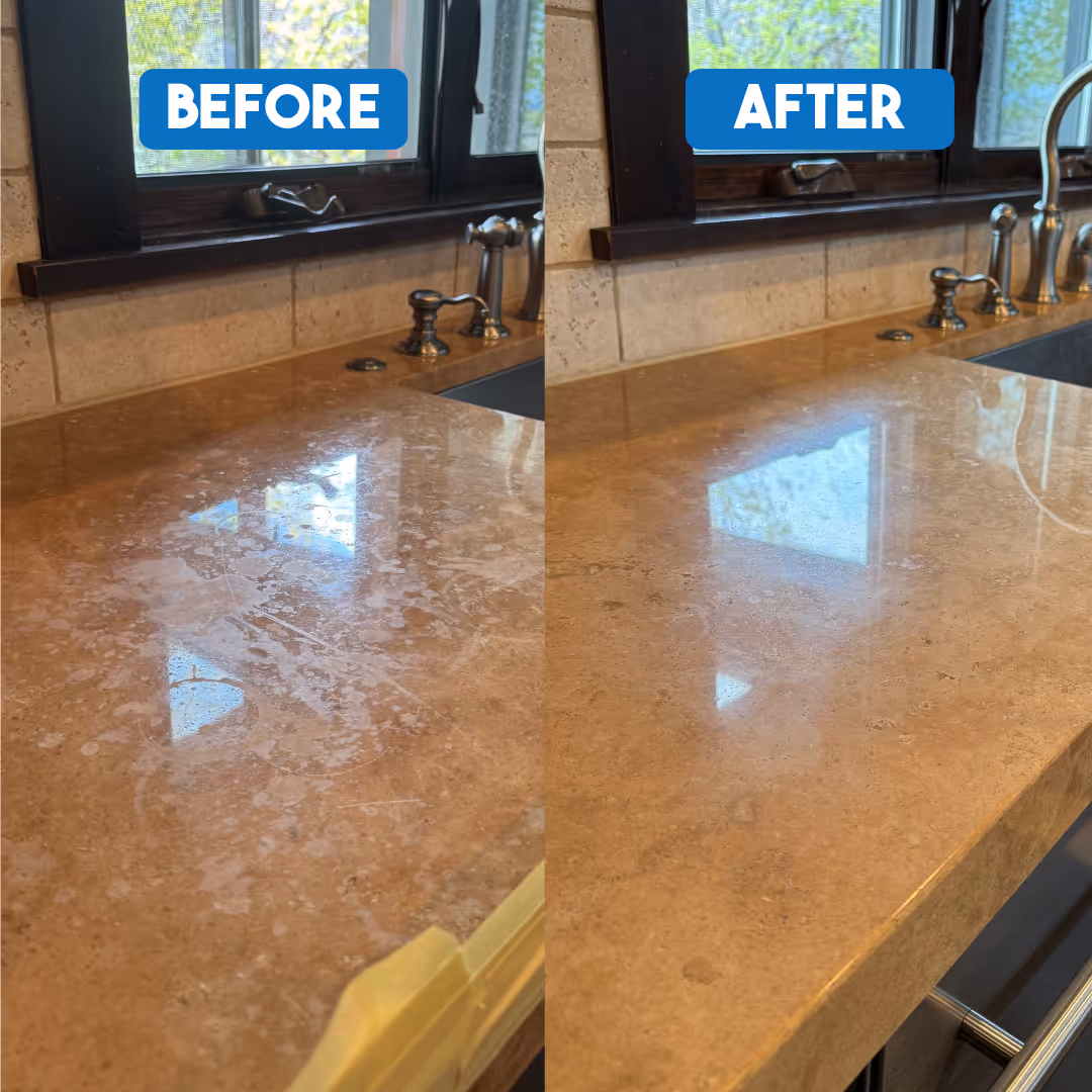 Side-by-side kitchen countertop before and after polishing, left is dull, right is shiny and smooth.