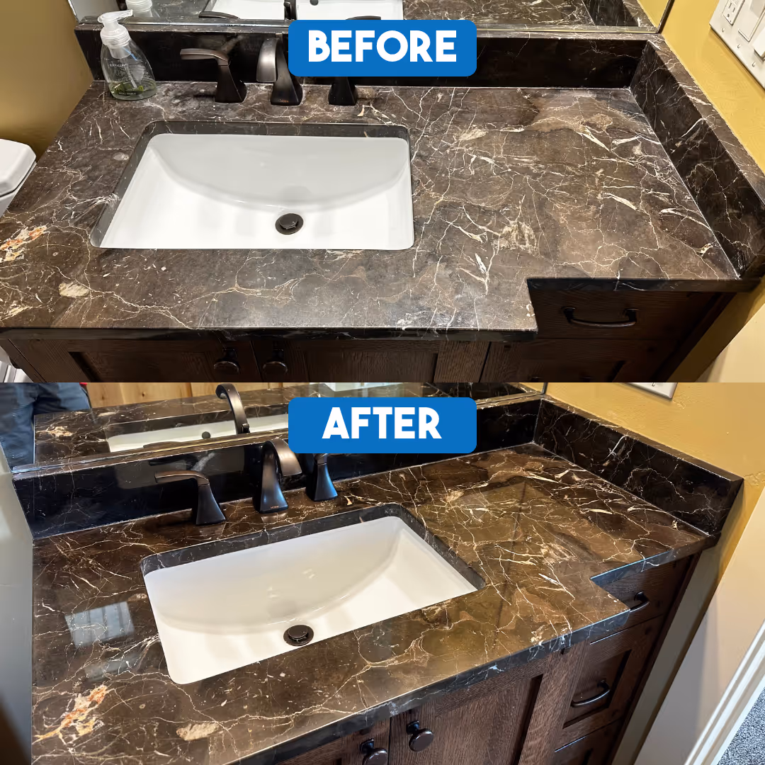 Before and after marble countertop polishing on a brown marble sink in a bathroom.