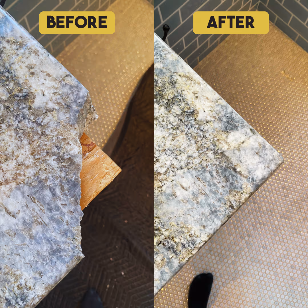 Side-by-side before and after of a granite countertop corner with a large chip repaired and smoothed.