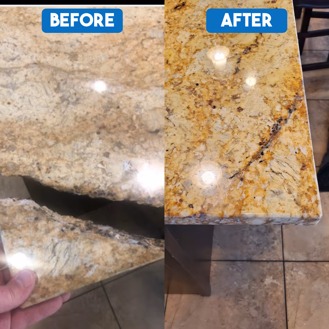 Before and after images showing repaired granite countertop with a large crack fixed.