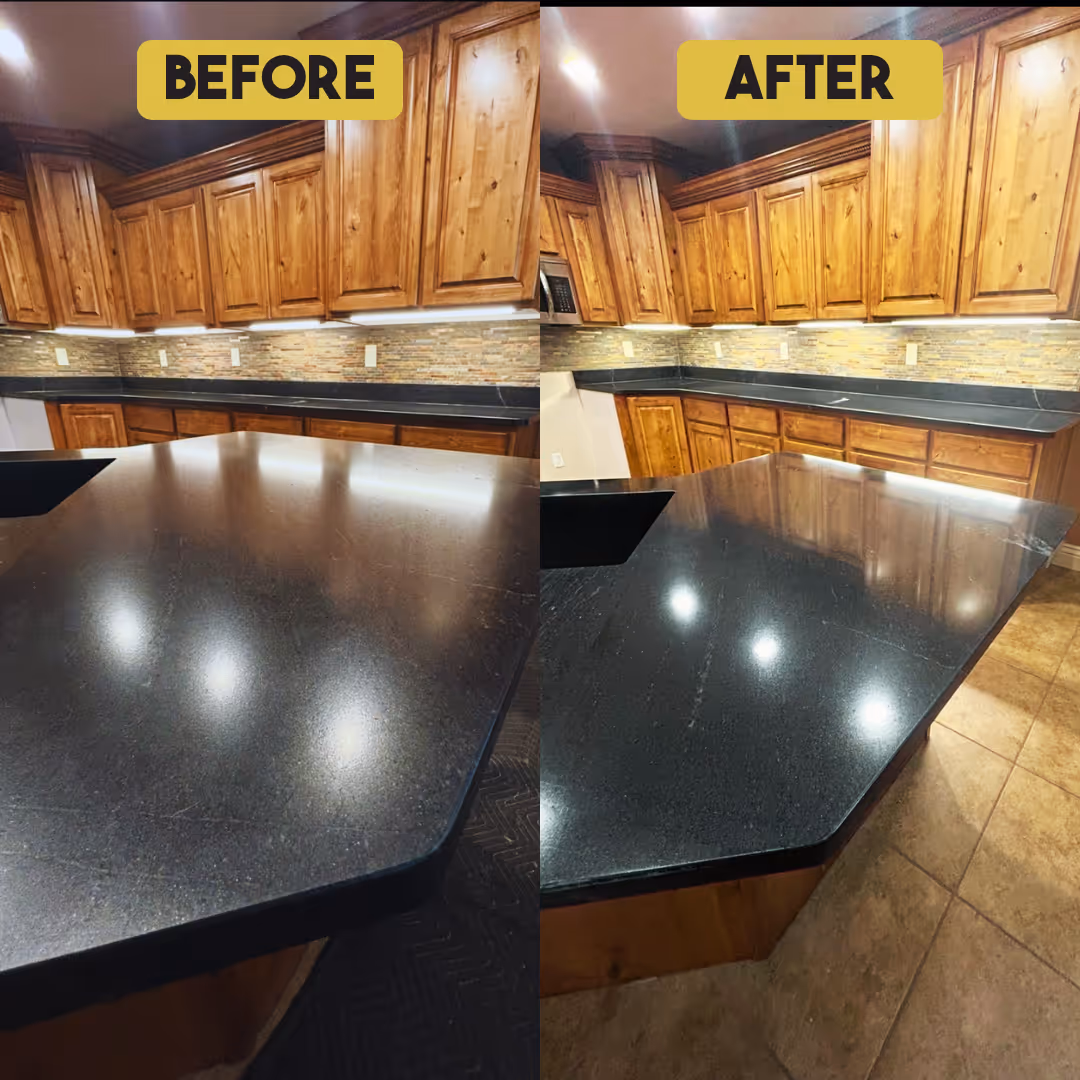 Before and after photos of a polished black granite kitchen countertop showing enhanced shine and reflection.