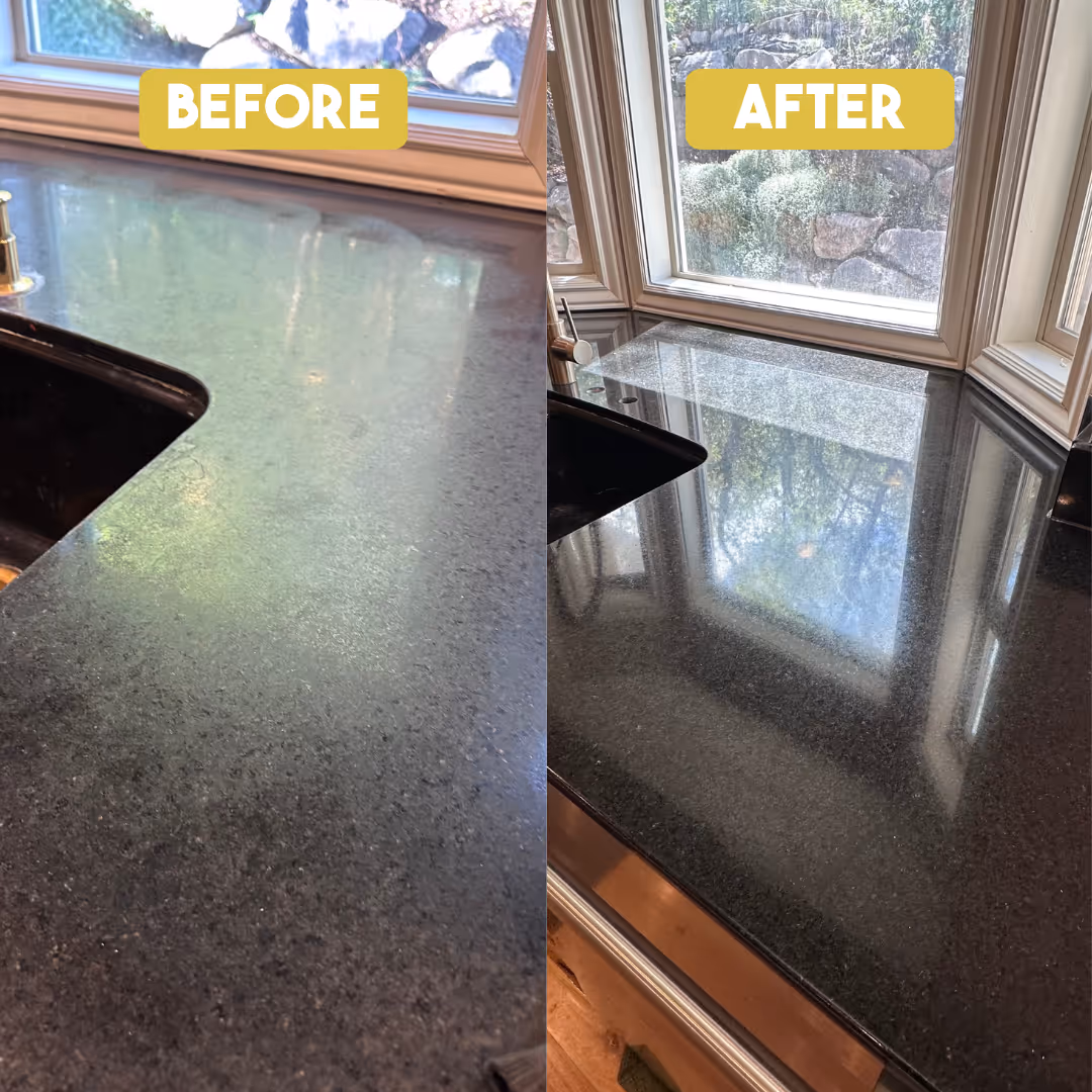 Side-by-side comparison of granite countertop before polishing and after with shiny reflection.