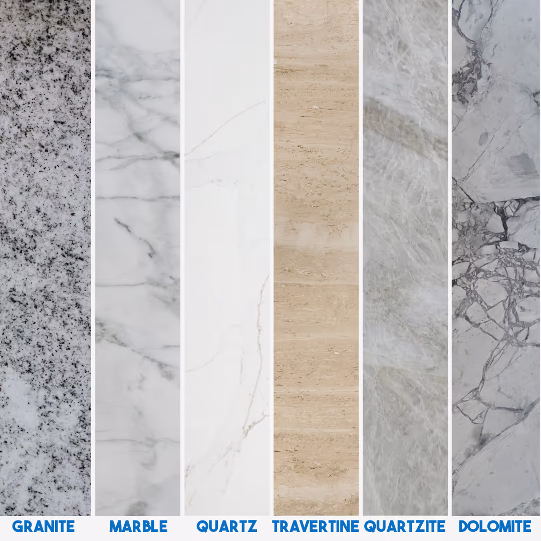 Vertical samples of granite, marble, quartz, travertine, quartzite, and dolomite stone textures.