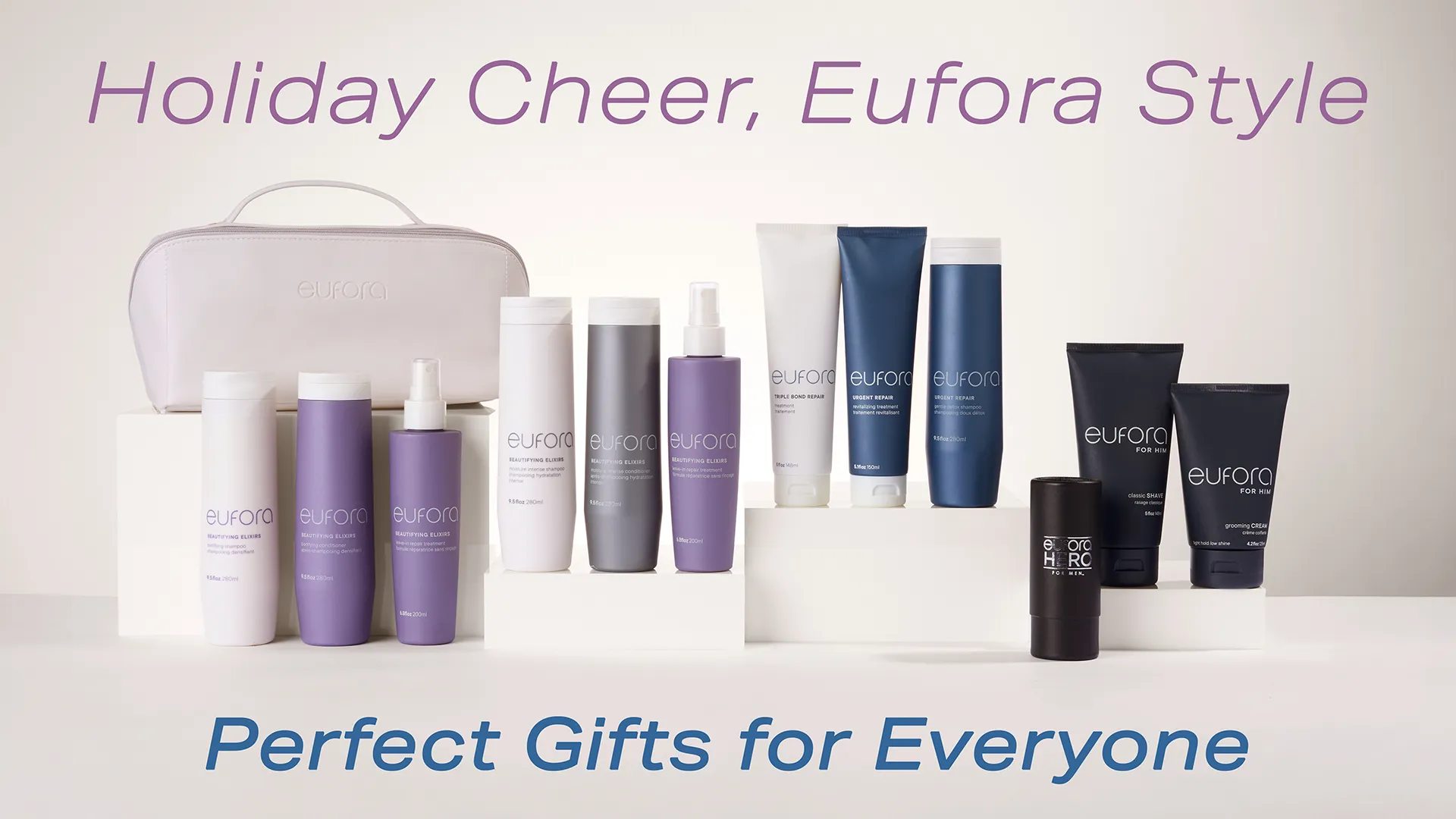 Holiday promo banner featuring a smiling hair model.