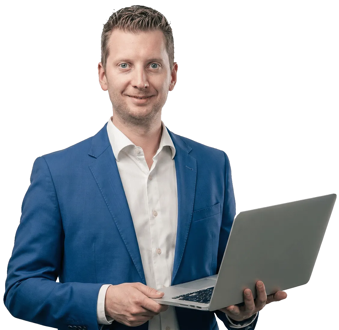Mann mit Laptop in der Hand
