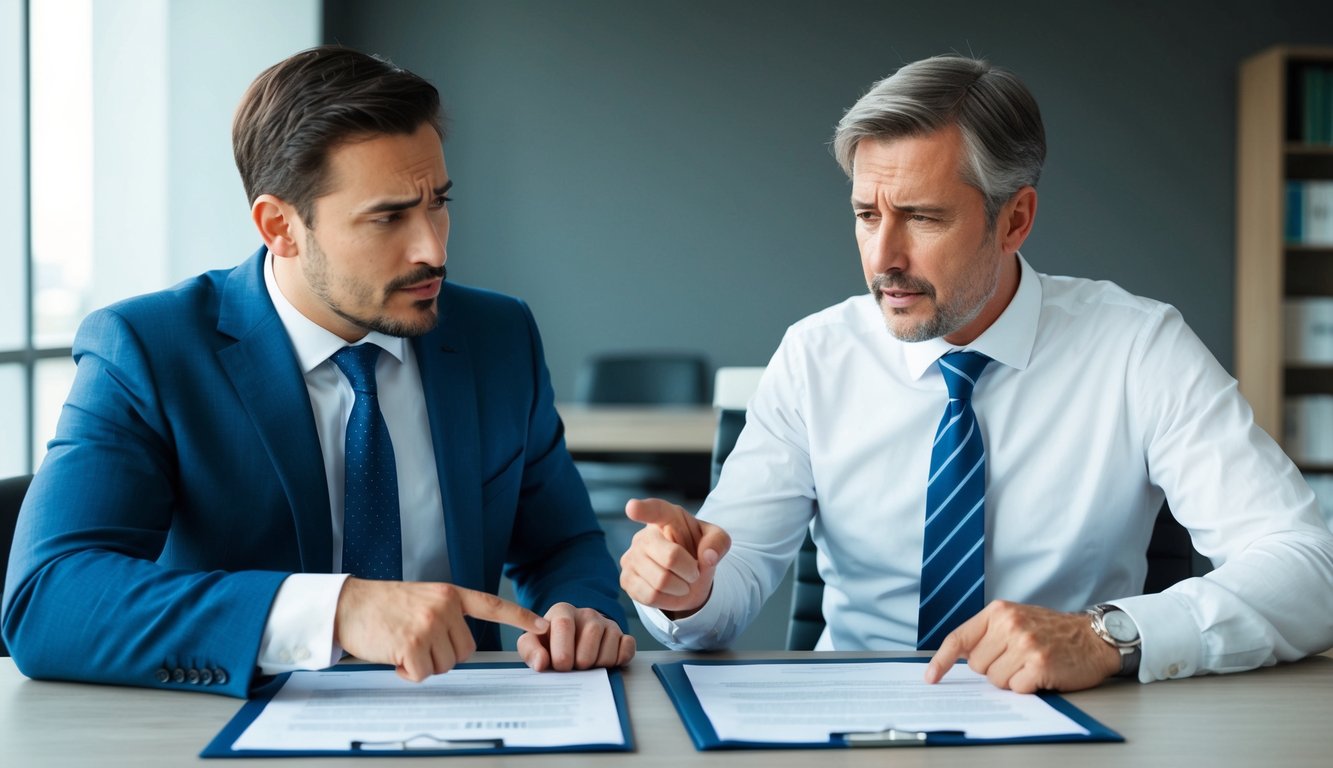 Two business figures in a meeting room, pointing to a contract document with a look of disagreement and frustration