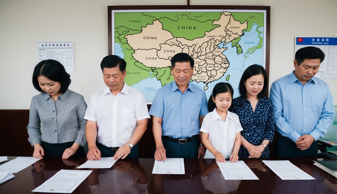 A Chinese family standing in line at a government office, surrounded by paperwork and official seals. A map of China hangs on the wall