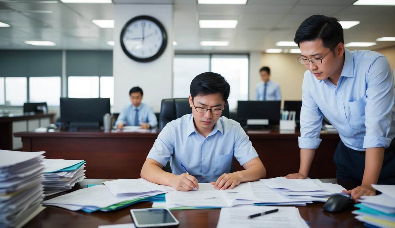 A worker in a Chinese office, surrounded by paperwork and a clock showing late hours, while their employer looks on