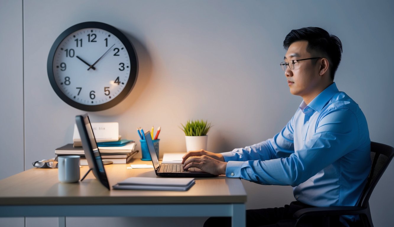 An office worker in China working late at night with a clock showing overtime hours