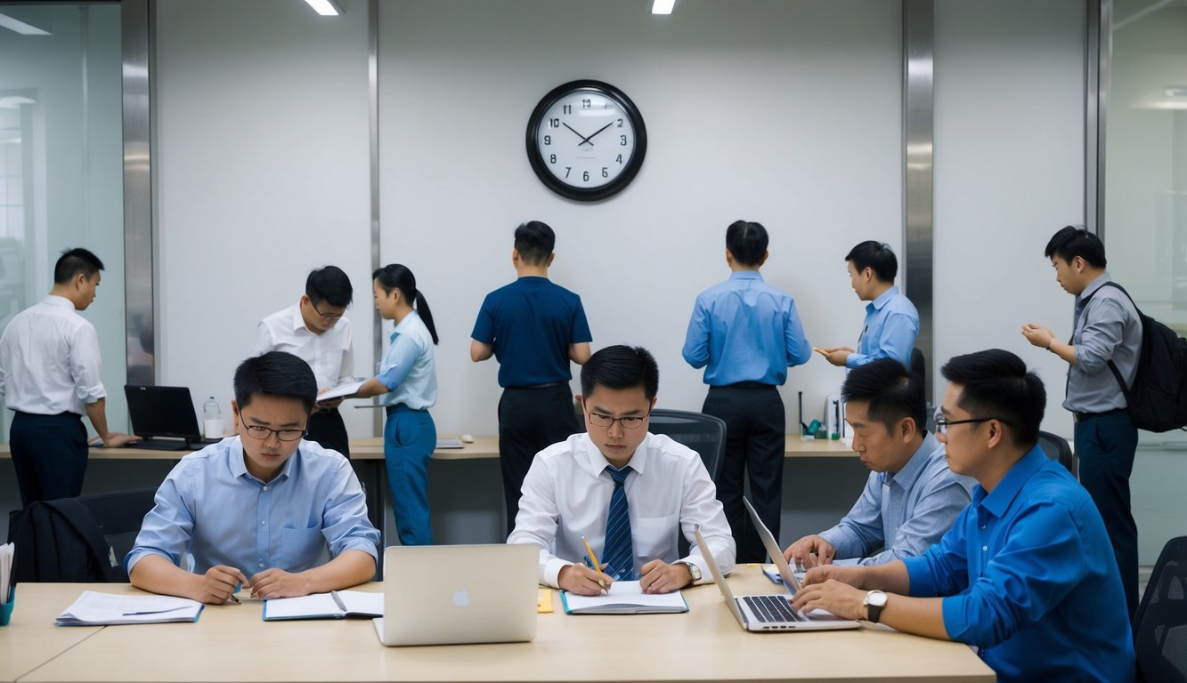 A group of workers in a Chinese office, some staying late while others leave, with a clock on the wall showing the late hour