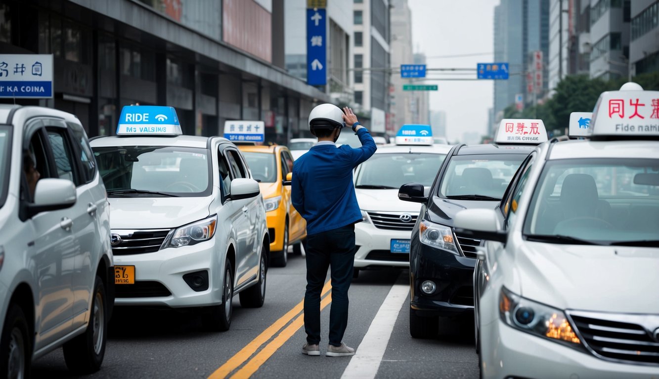 A person hailing a ride on a crowded street in China, with multiple vehicles and signs indicating different ride hailing services