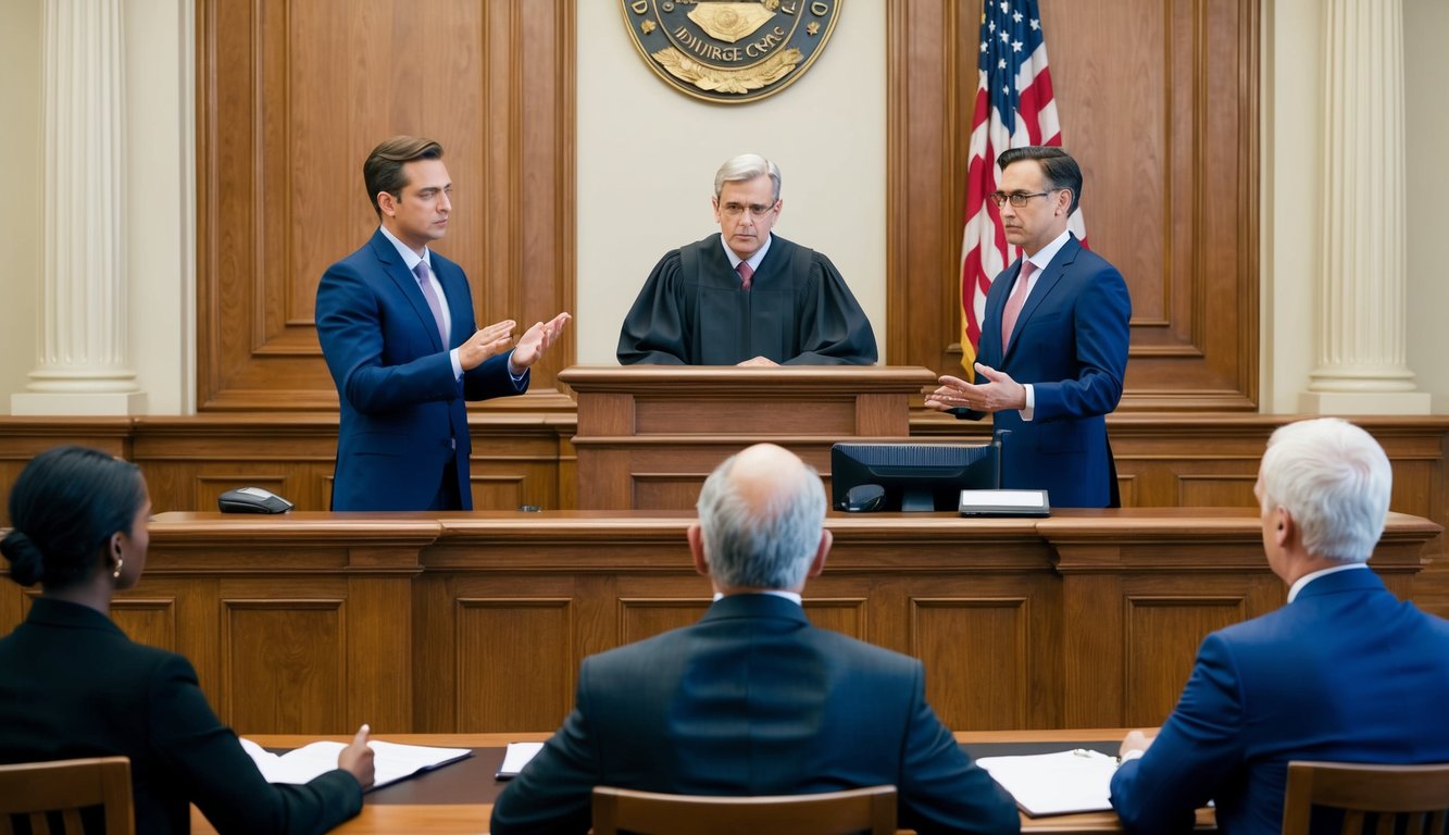 A courtroom with a judge presiding over a divorce case, while two lawyers present their arguments to the court