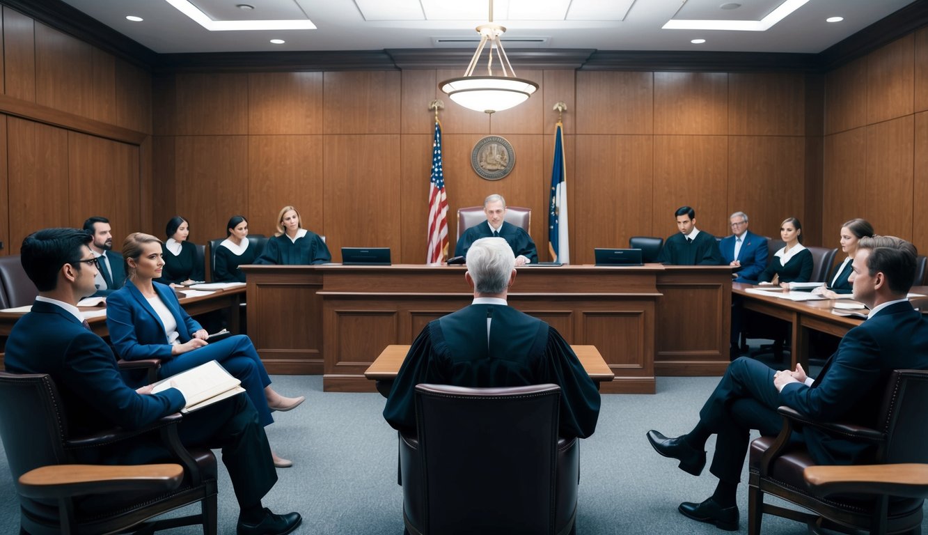 A courtroom with a judge presiding over a divorce case, with two individuals sitting on opposite sides of the room, surrounded by their respective lawyers