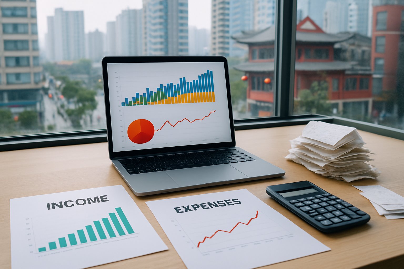 A workspace with financial charts, a laptop, calculator, and receipts, with a view of a Chinese city in the background.