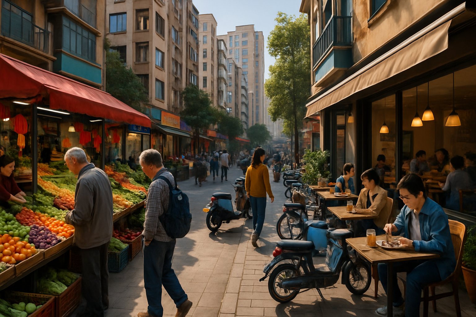 A busy urban street scene in a modern Chinese city showing a local market, café, residential buildings, and people using bicycles and scooters.