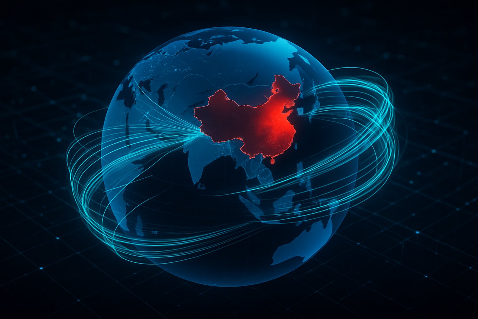 A digital globe showing glowing data streams flowing from China to other countries, symbolizing international data exchange.