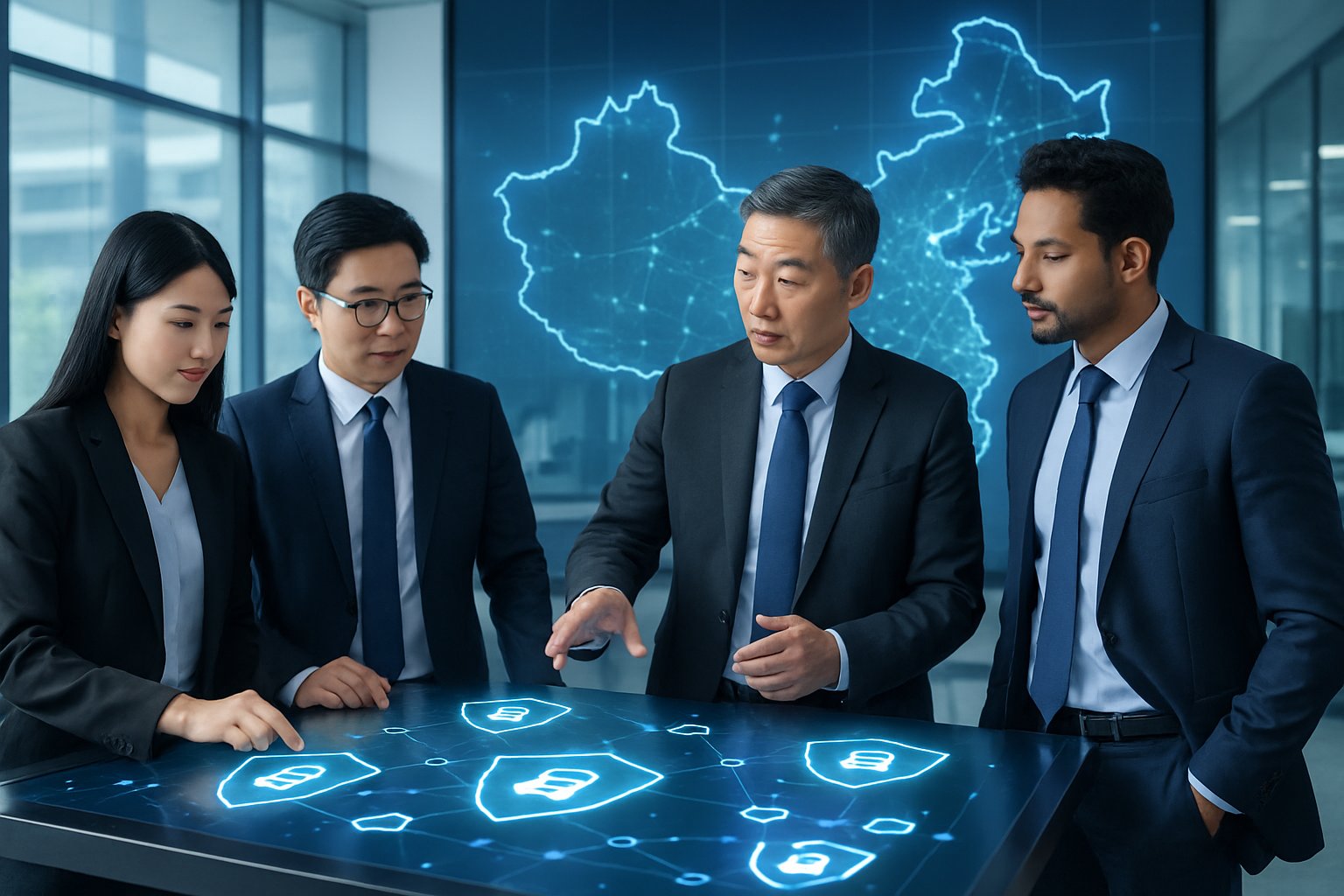 Business professionals collaborating around a digital touchscreen table displaying data privacy icons with a glowing map of China in the background.