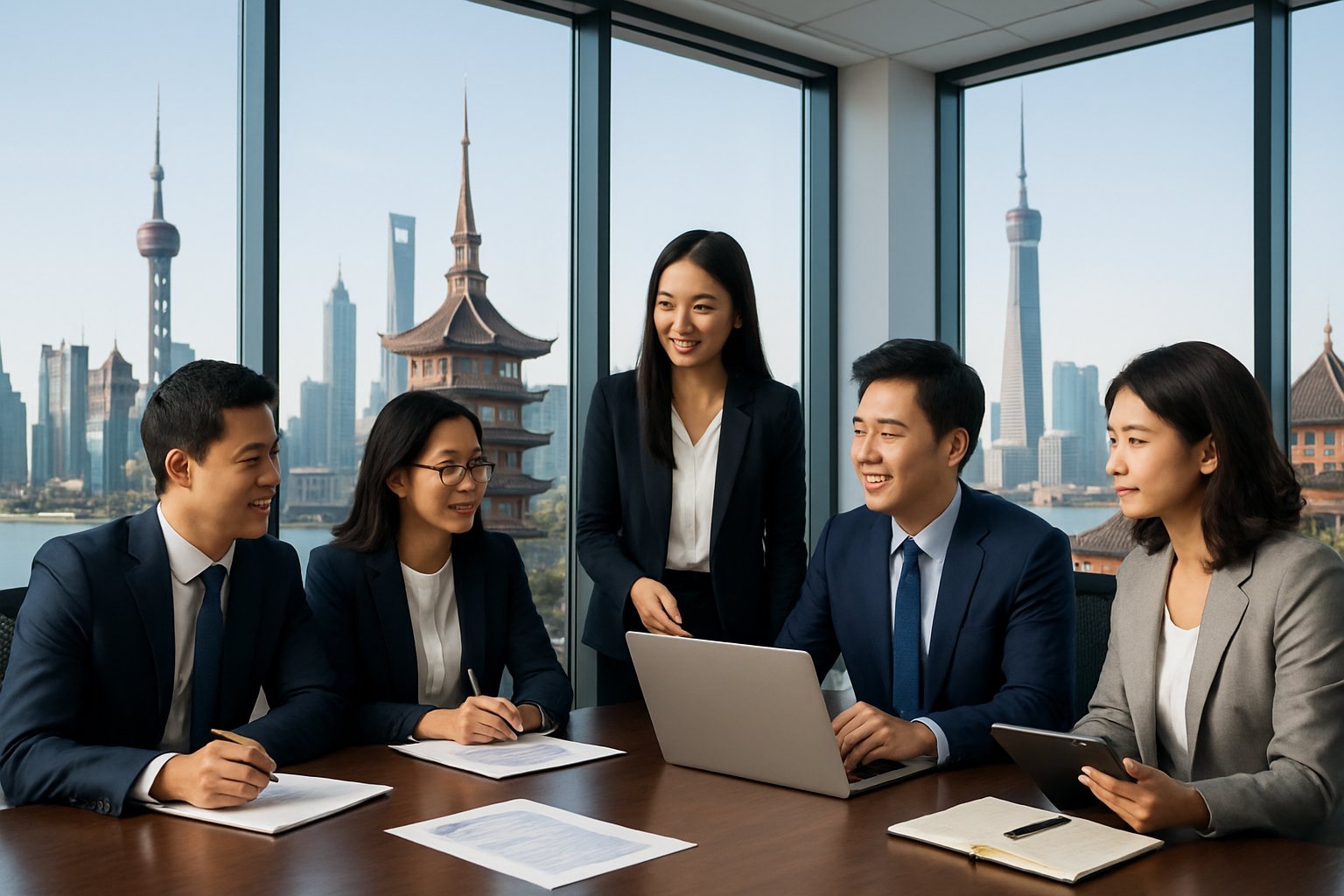 A group of business professionals having a meeting in a modern office with a view of a Chinese city skyline.