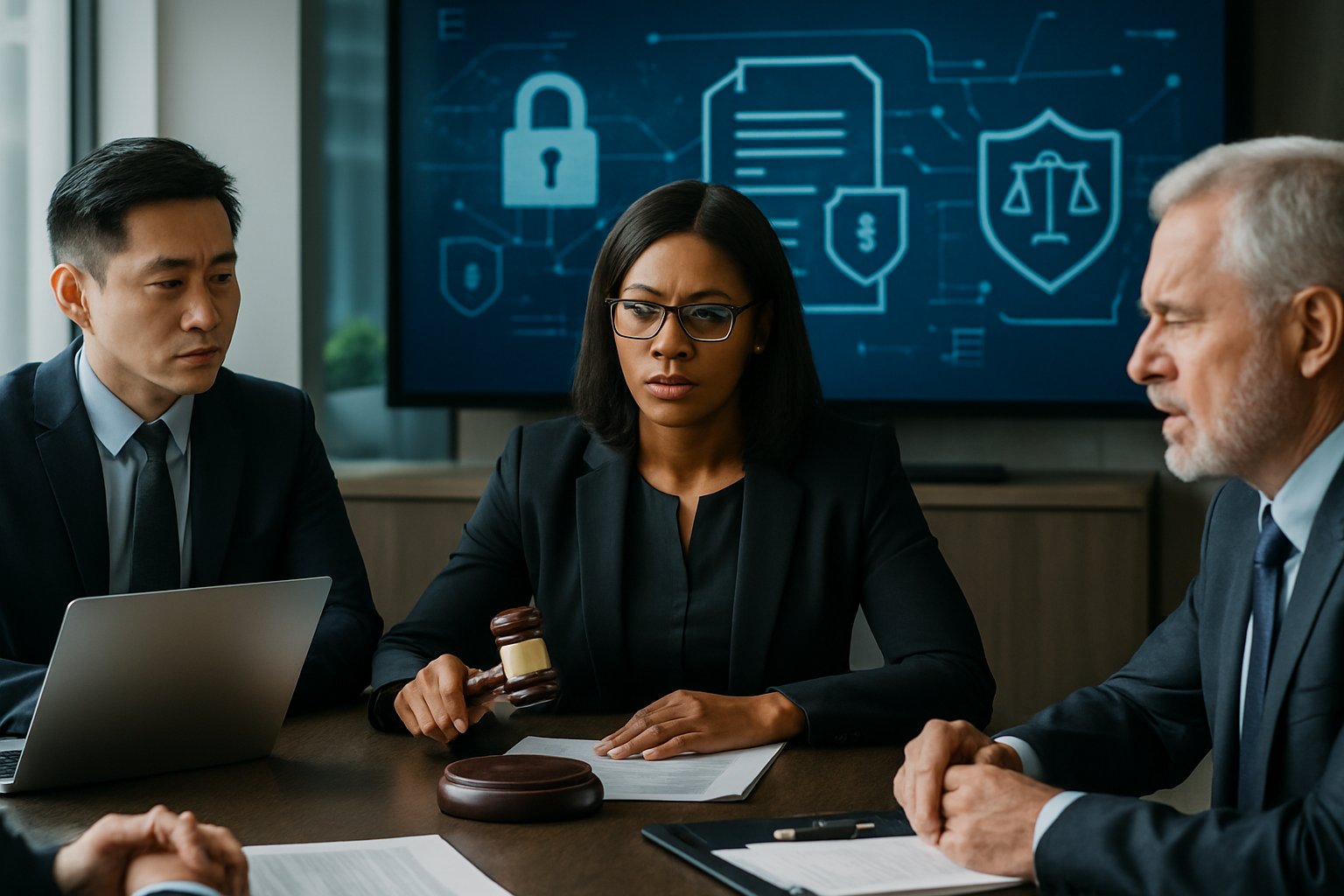 A group of professionals in a modern office engaged in a meeting about data privacy and legal compliance, with digital icons representing cybersecurity visible on a screen in the background.