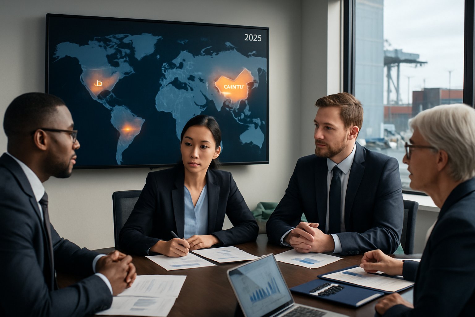Business professionals discussing trade and tariffs in a modern office with a world map showing China and the USA.