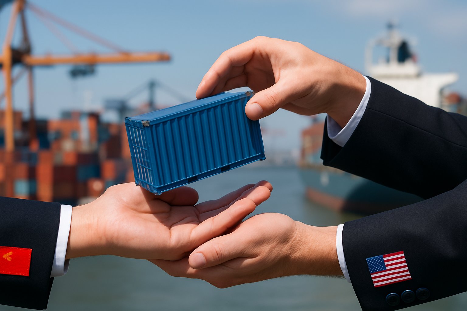 Two hands exchanging a shipping container model with a shipping port in the background, symbolizing trade between China and the USA.