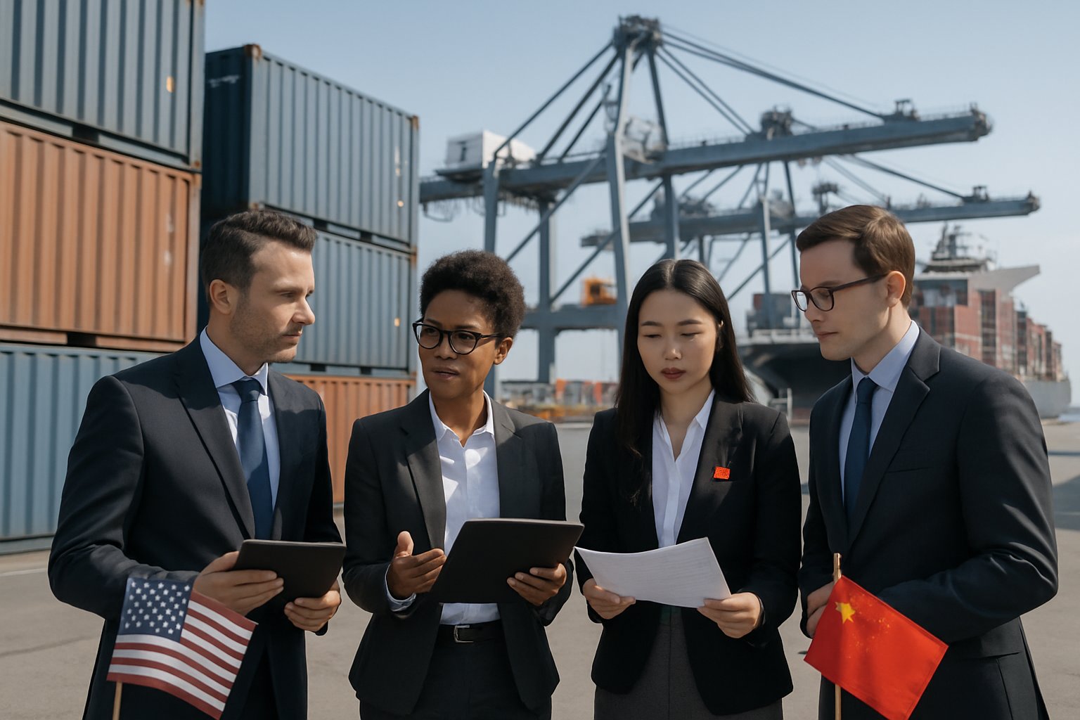 Business professionals at a busy shipping port with cargo containers and cranes, representing international trade between China and the USA.