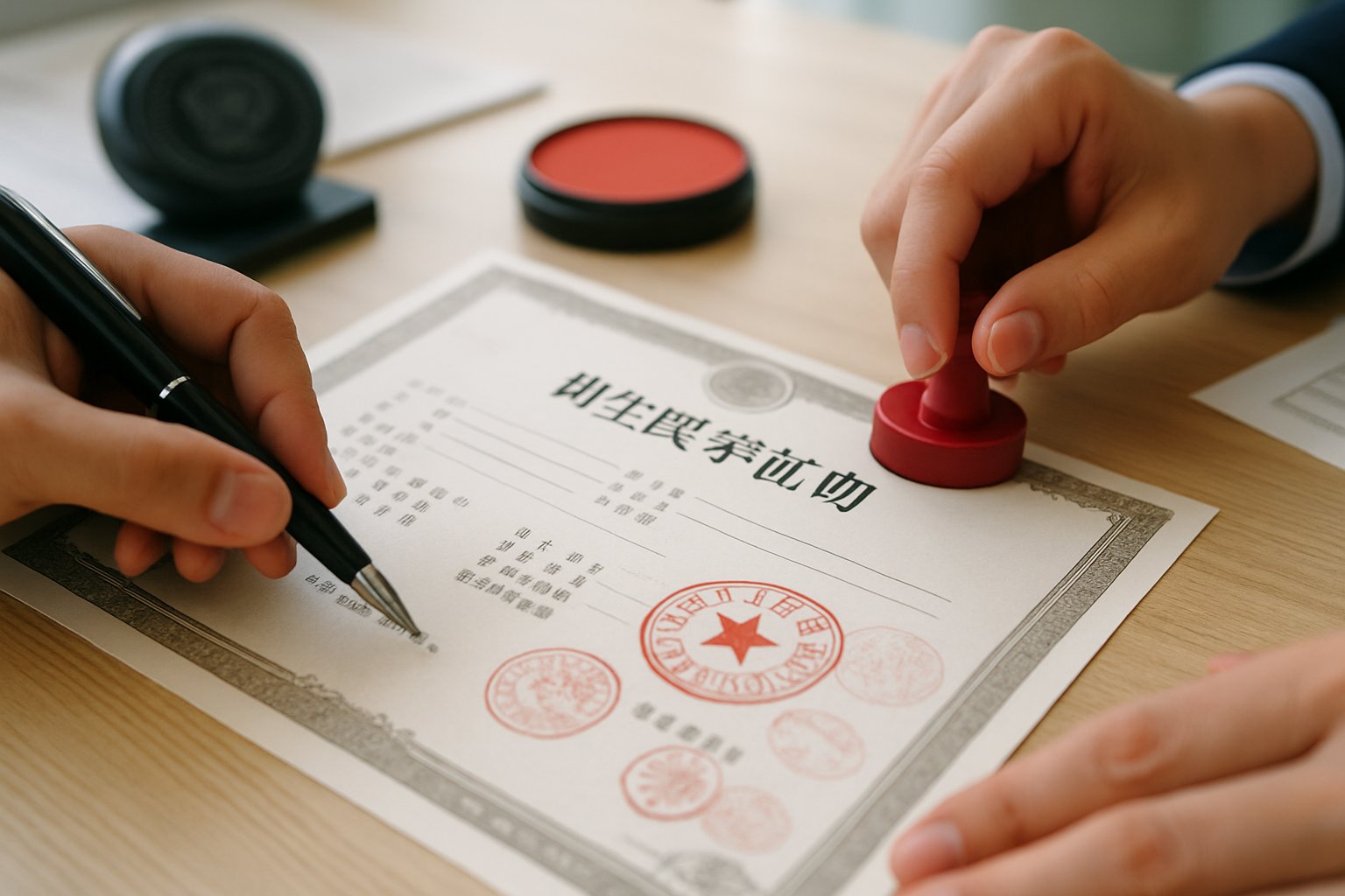 Close-up of a Chinese birth certificate being notarized with a red ink stamp on a wooden desk in an office setting.
