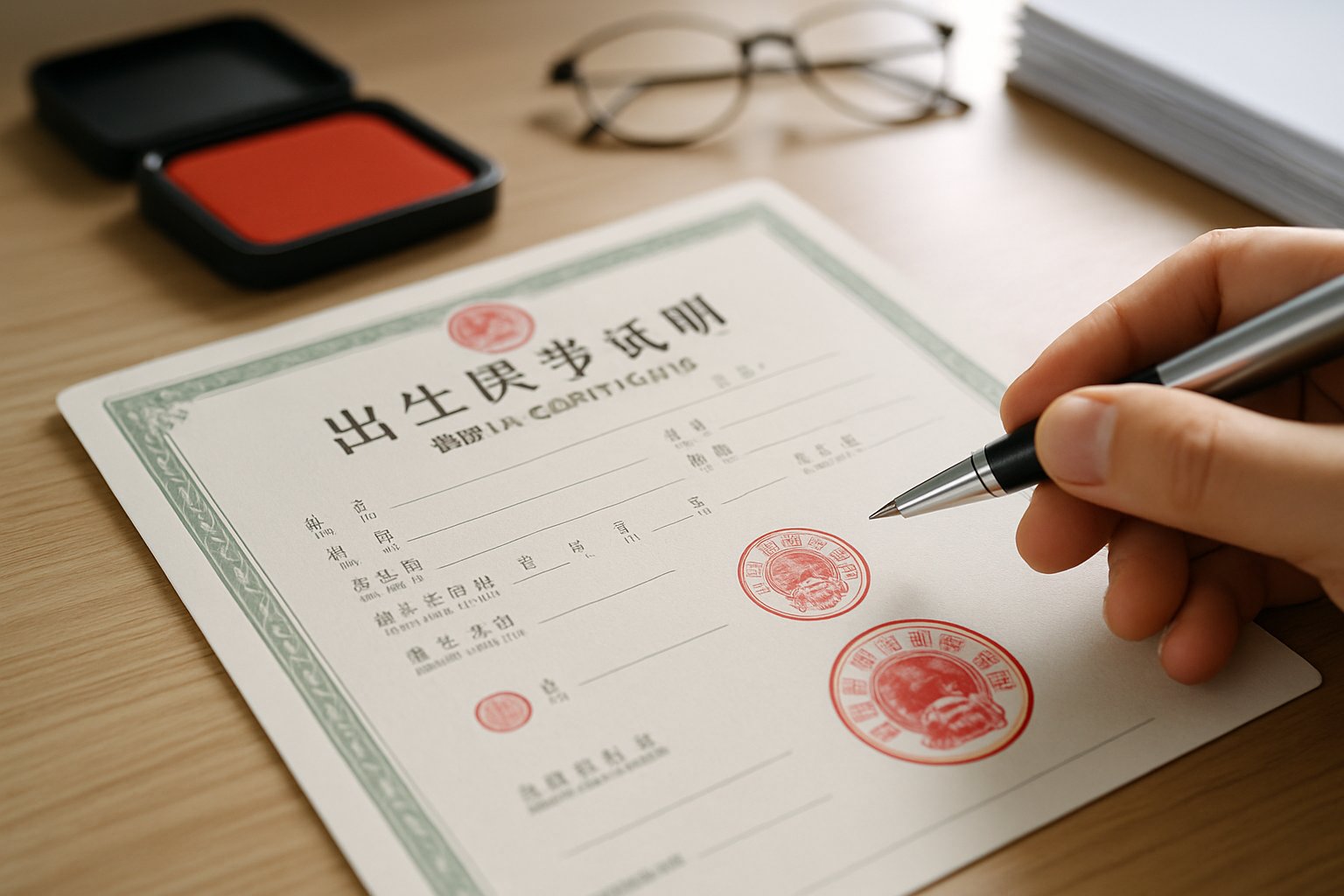 Close-up of a Chinese birth certificate on a desk with a hand holding a pen nearby and office items in the background.