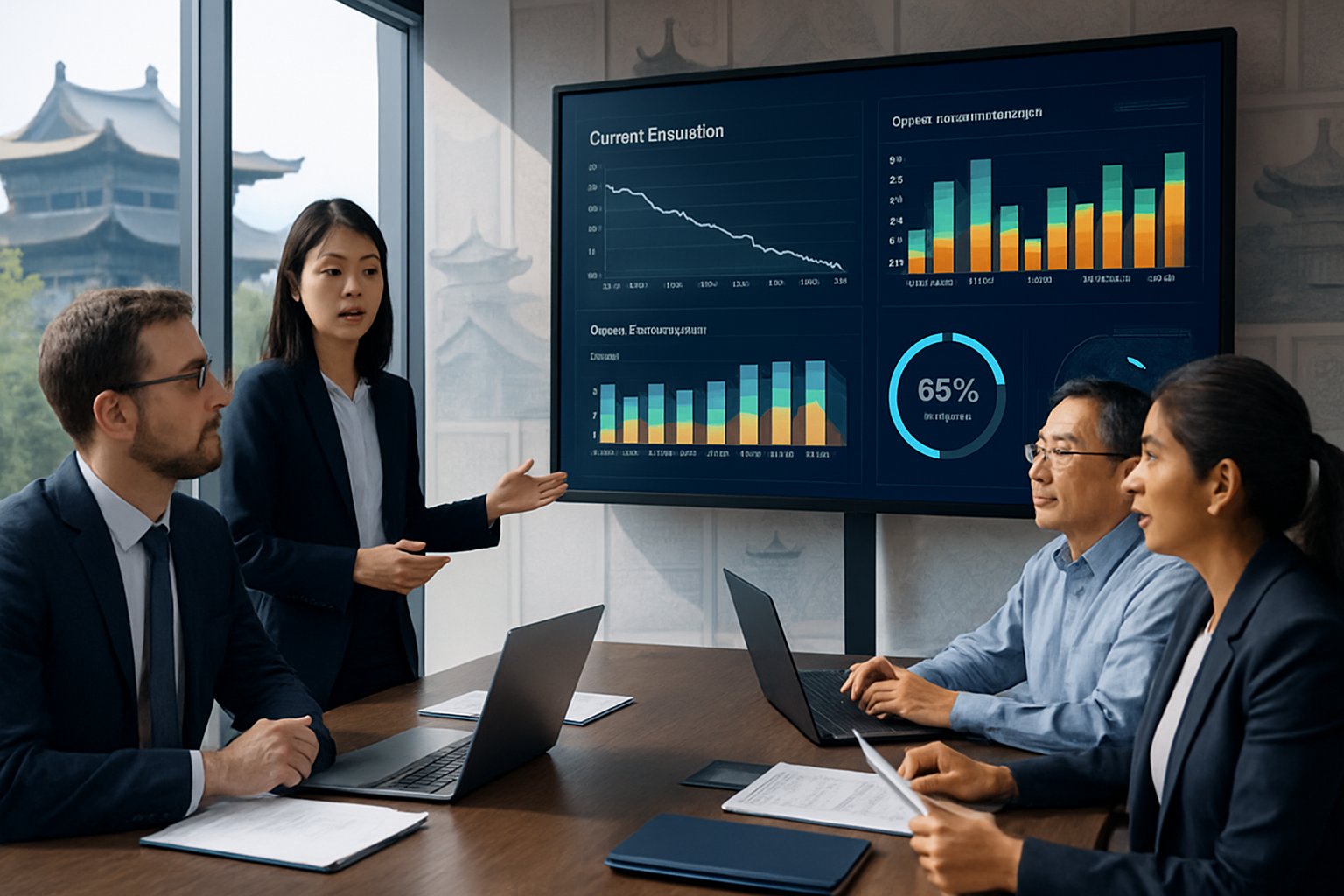 A group of professionals in a modern office analyzing energy data on digital screens related to carbon and energy controls in China.