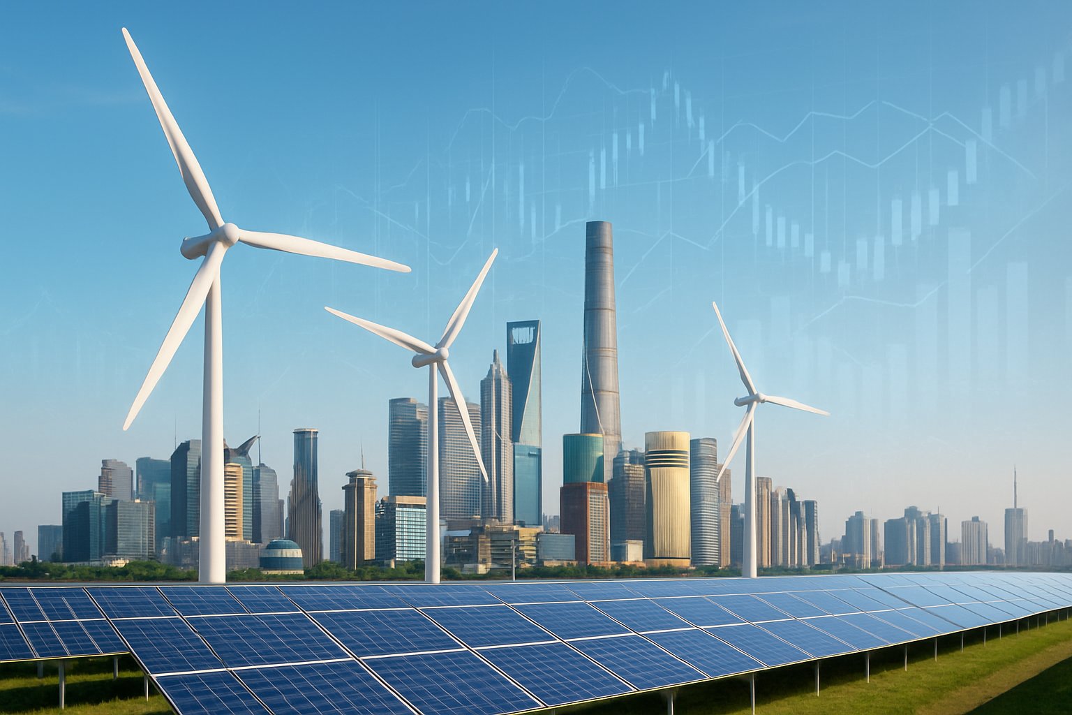 A modern Chinese city skyline with wind turbines and solar panels in the foreground under a clear blue sky.