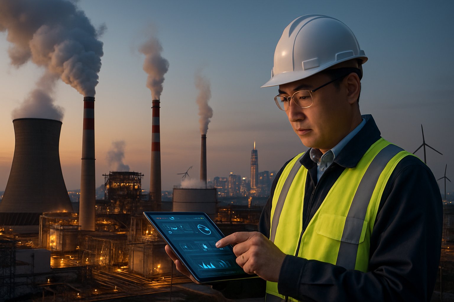 An engineer in a safety helmet reviews energy data in front of fossil fuel power plants and a city skyline with wind turbines at dusk.