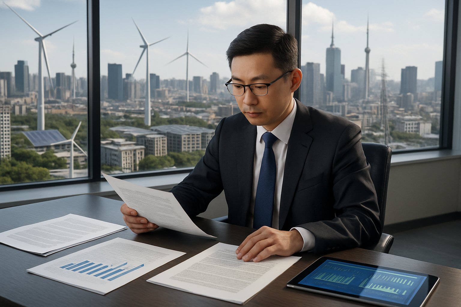 A Chinese business professional reviewing legal and energy documents at a desk with a cityscape showing wind turbines and solar panels in the background.