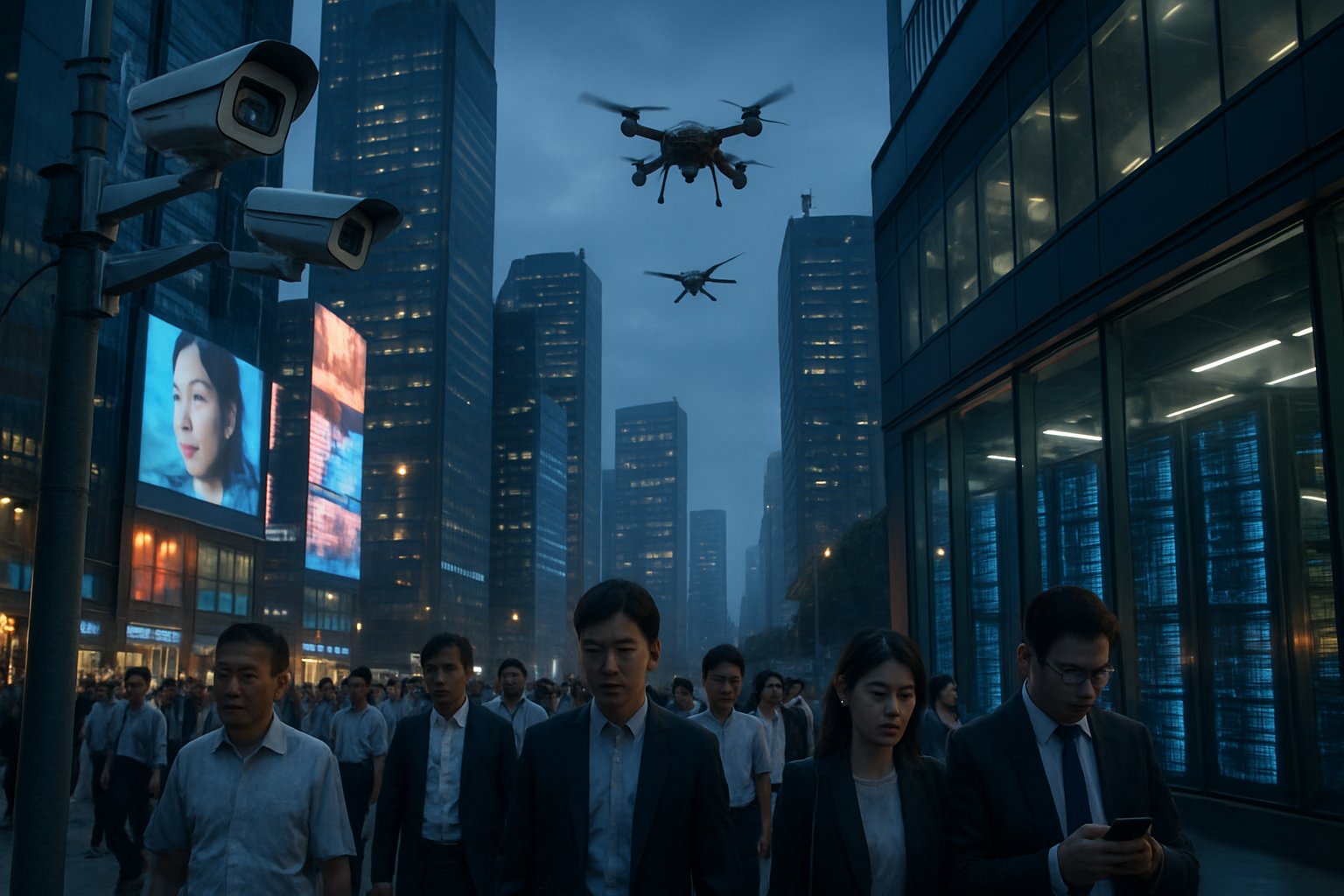 A city street in China with people walking under numerous surveillance cameras and drones flying overhead near tall buildings with visible data centers.