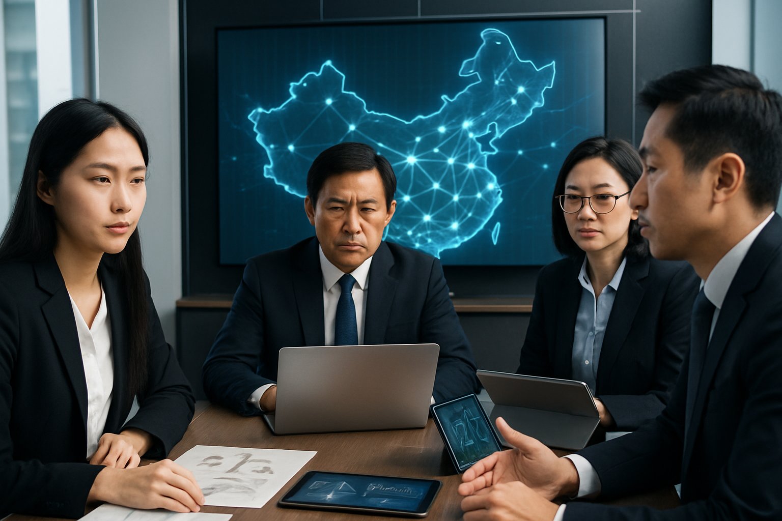 A group of East Asian business professionals in a modern office discussing documents around a conference table with a digital map of China displayed in the background.