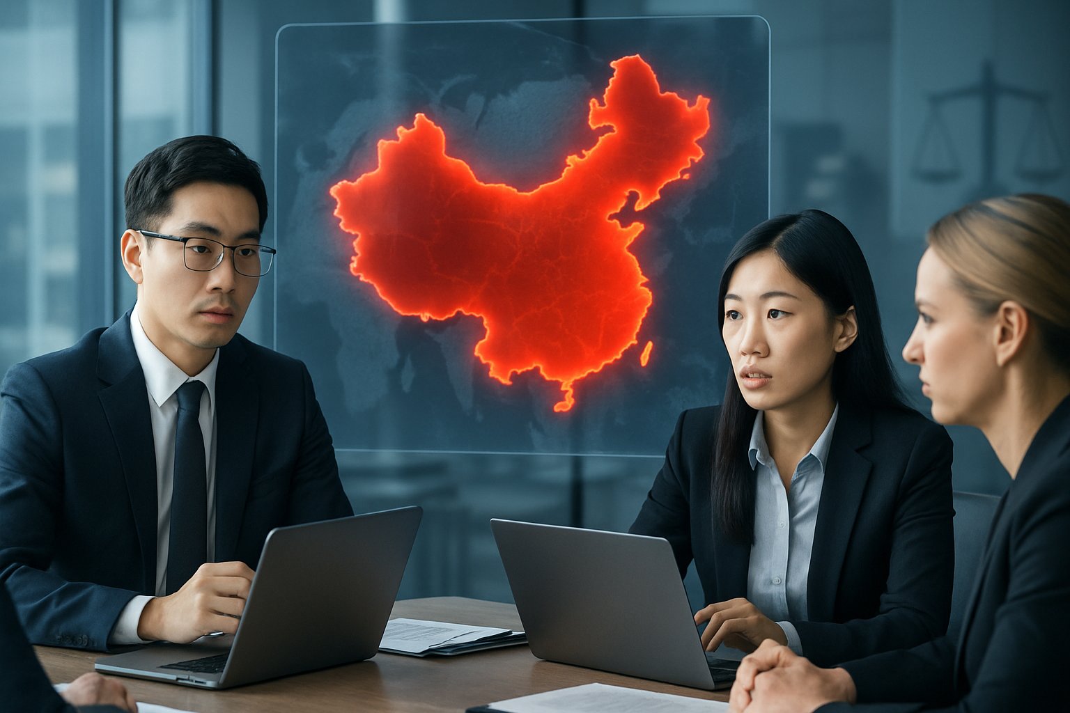A group of professionals in a modern office discussing with a digital map of China displayed on a transparent screen.