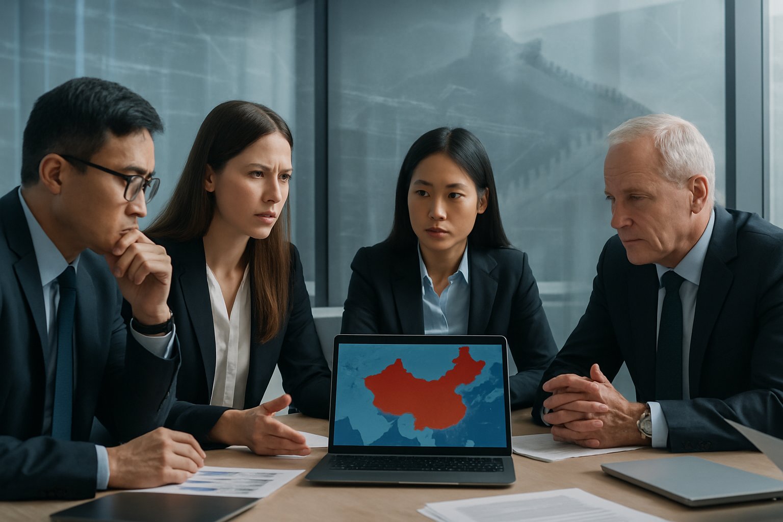 Business professionals in a modern office having a serious discussion around a table with laptops and documents, with a digital map of China displayed on a screen in the background.