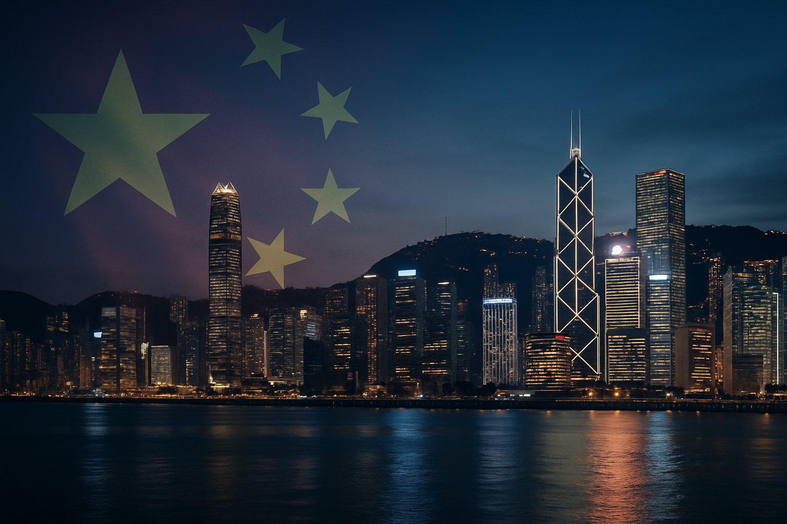 A nighttime view of Hong Kong's skyline with illuminated skyscrapers and a faint overlay of the Chinese national flag blending into the cityscape.