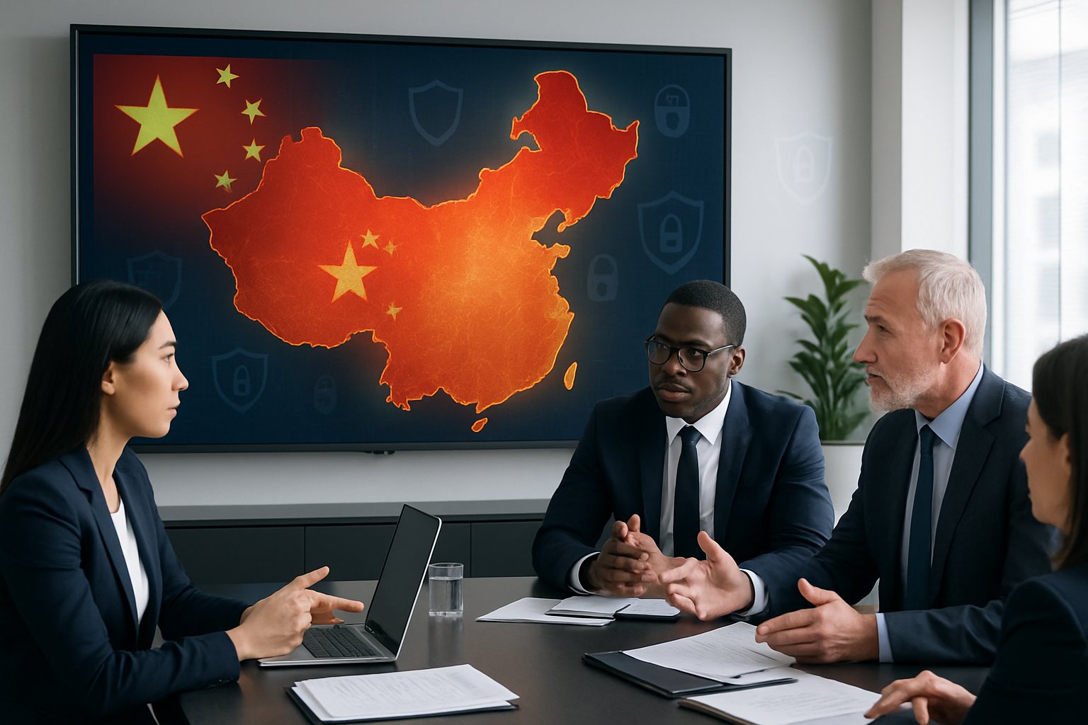 A group of professionals in a modern office discussing legal matters with a digital map of China displayed on a large screen behind them.