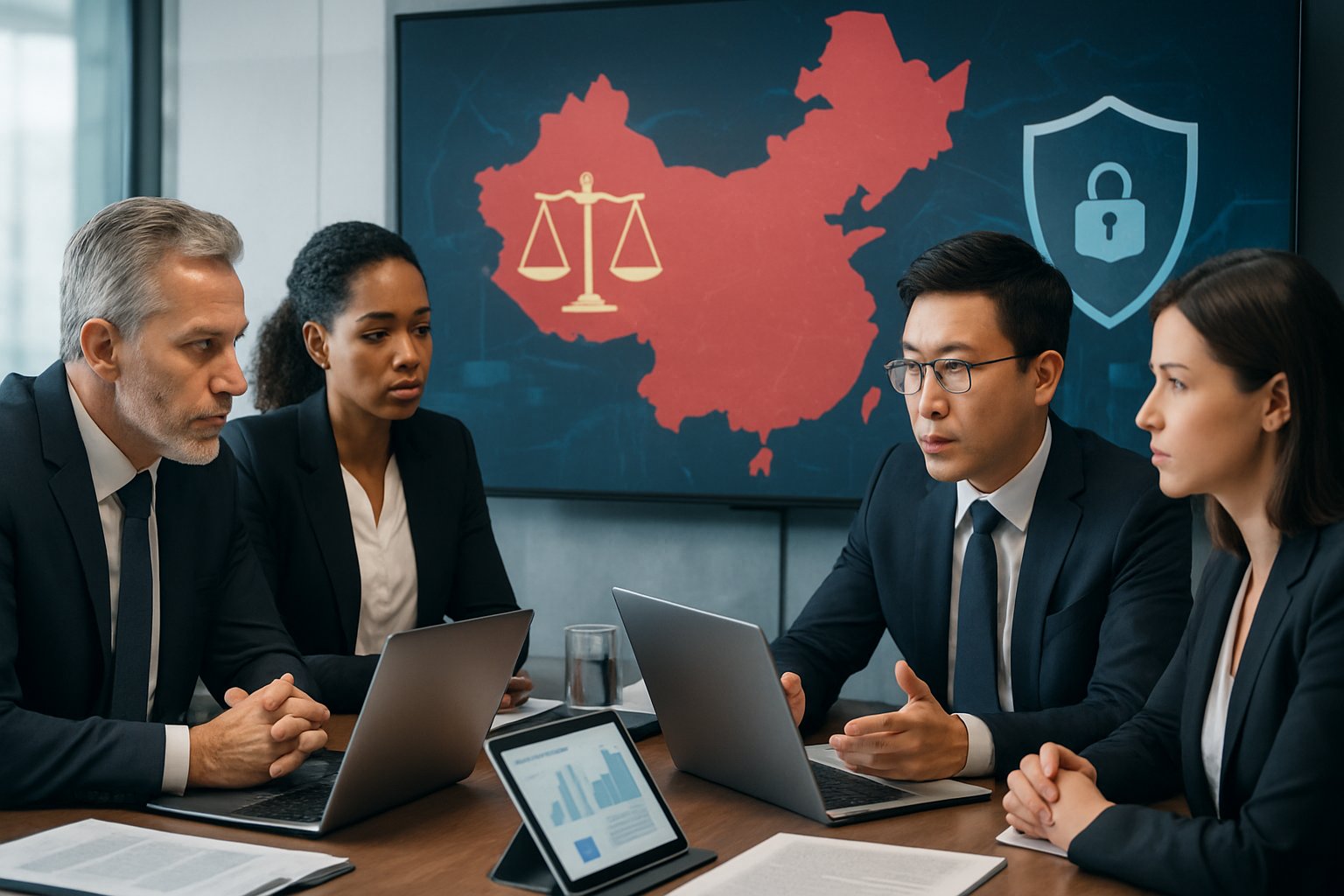 Business professionals in a modern office discussing documents with a digital screen showing a map of China and legal symbols in the background.