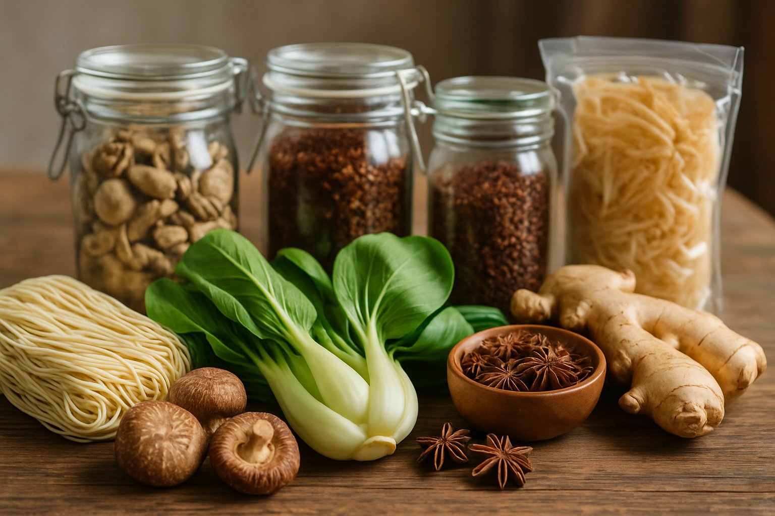 A variety of fresh and packaged foods from China arranged on a wooden table, including bok choy, shiitake mushrooms, ginger root, dried noodles, star anise, and spices.