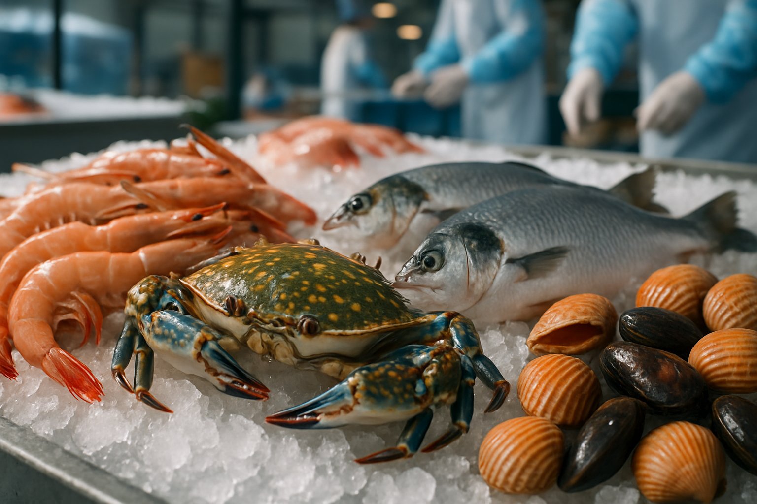 Close-up of fresh shrimp, crab, fish, and shellfish on ice in a seafood market with workers handling the products in the background.