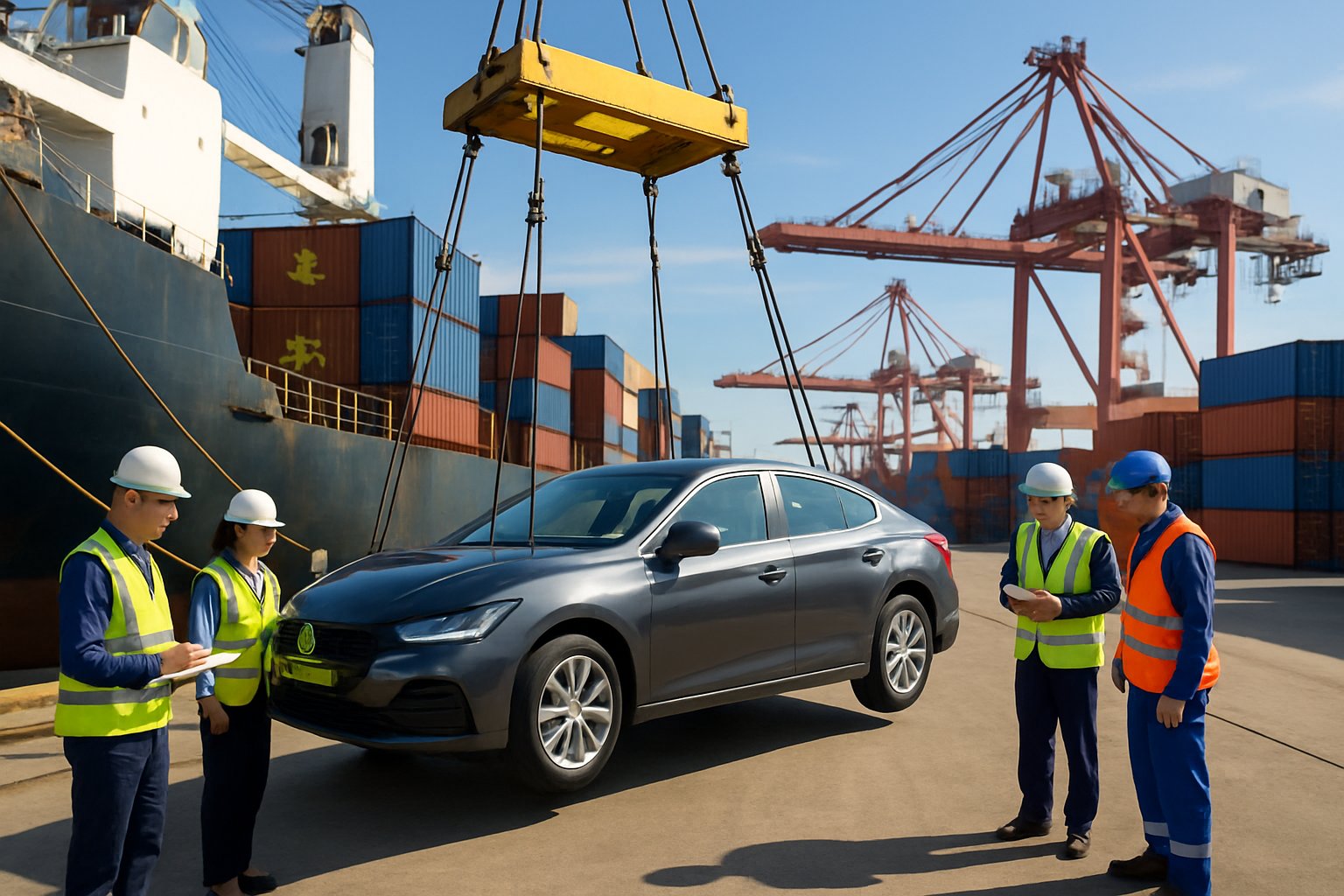 A cargo ship docked at a busy port unloading a new car while customs officials inspect it, with shipping containers and cranes in the background.