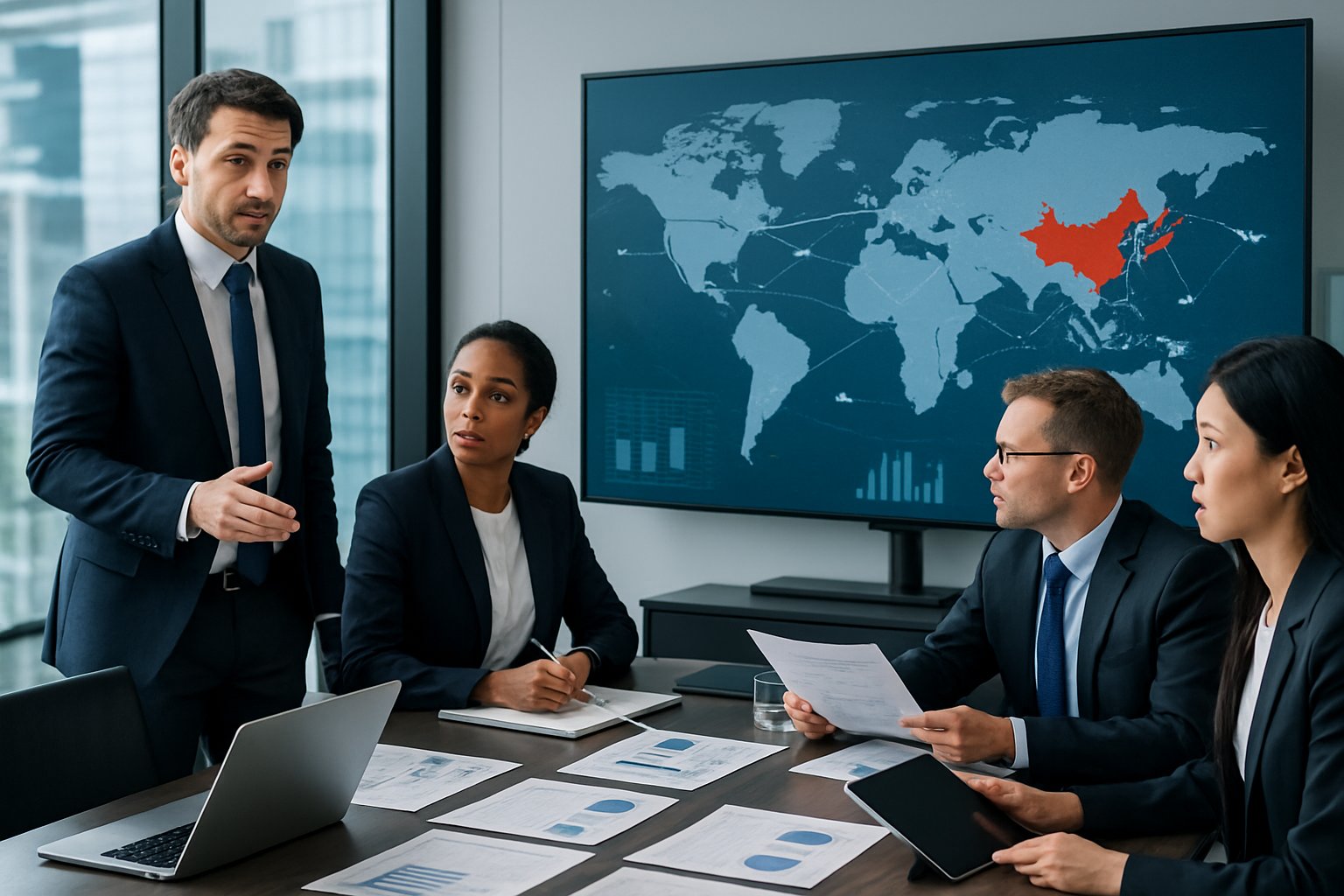 Business professionals in a modern office discussing international car import compliance with a world map and charts on a digital screen.