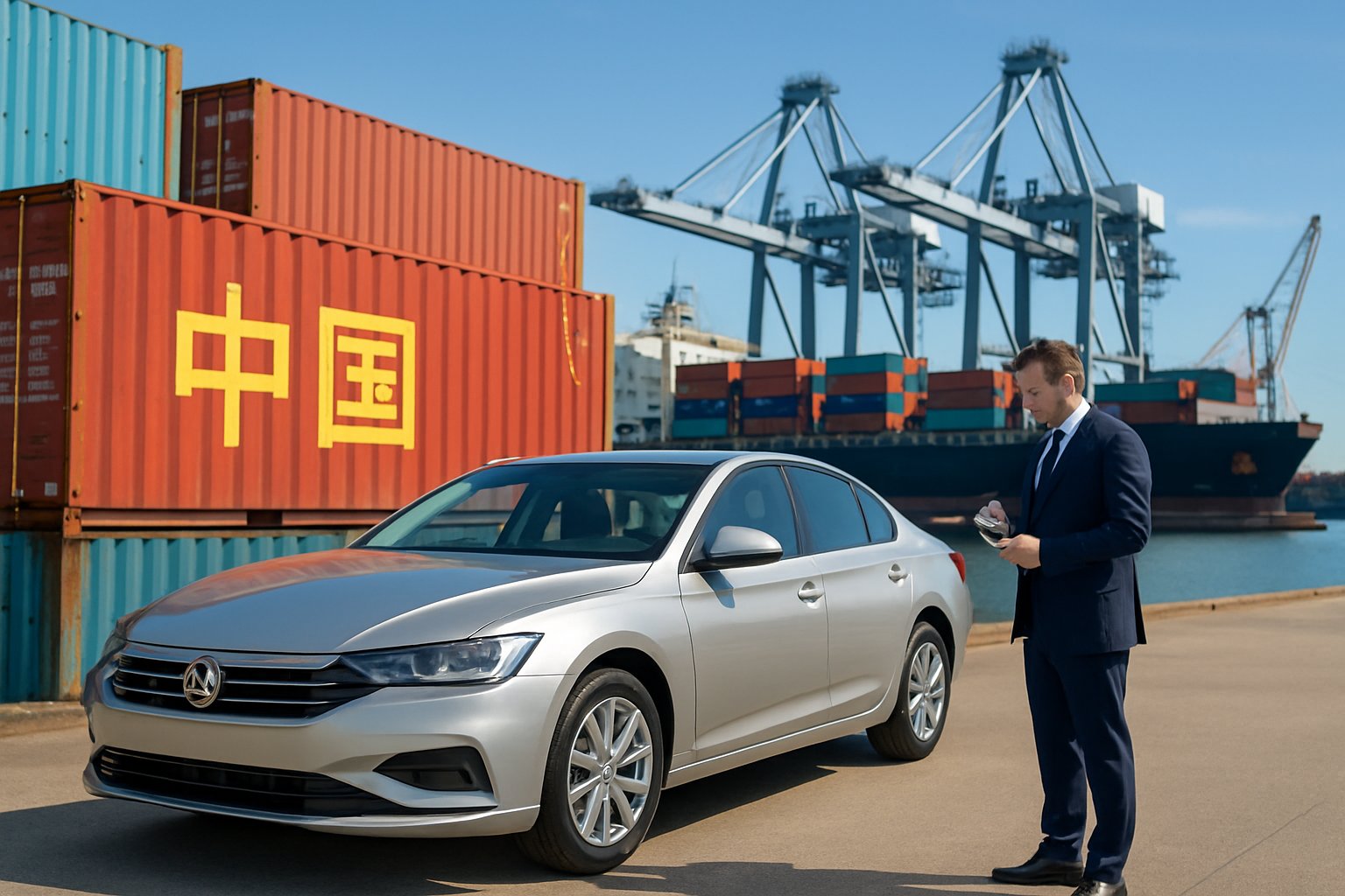 A business professional inspecting a new car at a busy shipping port with cargo ships and containers in the background.