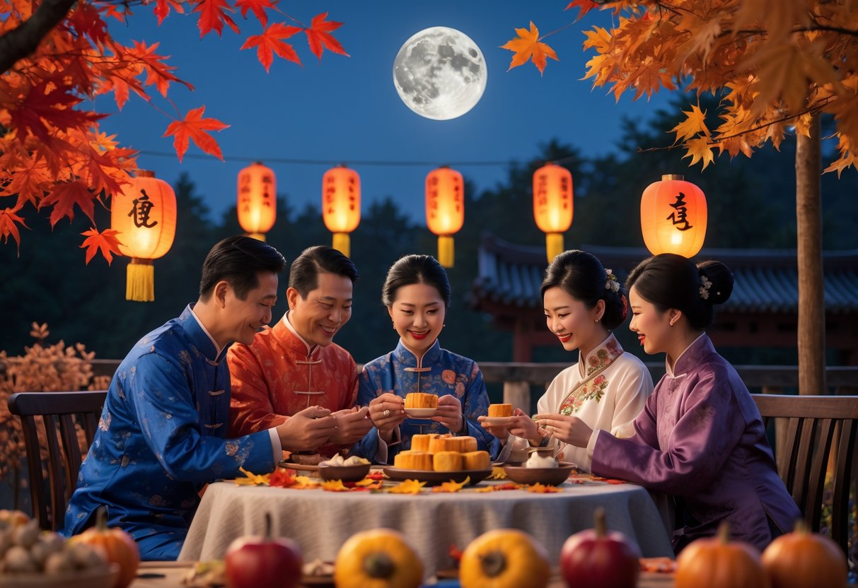 A Chinese family celebrating the Autumn Festival outdoors at night with lanterns, autumn leaves, mooncakes, and a full moon overhead.