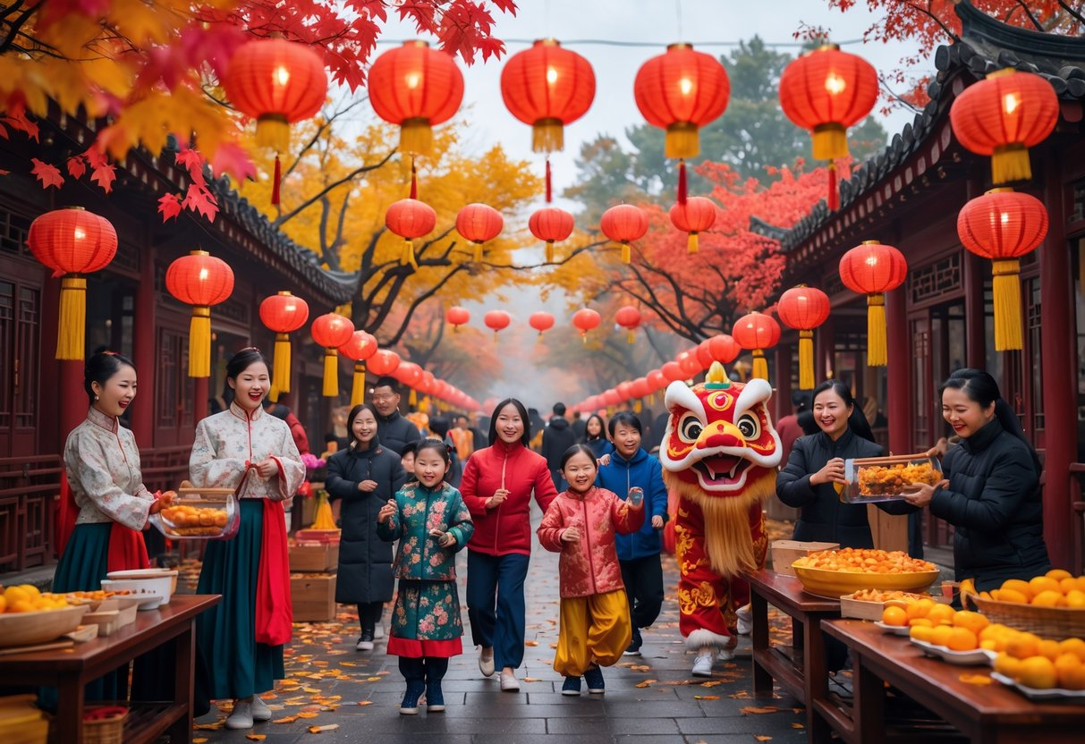 People in traditional Chinese clothing celebrating an autumn festival outdoors with colorful autumn leaves, lanterns, and festive decorations.